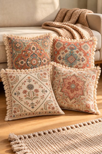 Set of 4 Tasseled Decorative Cushion Covers, Premium Tasseled Decorative Cushion Covers, Aura Series, Babylon Garden Soft