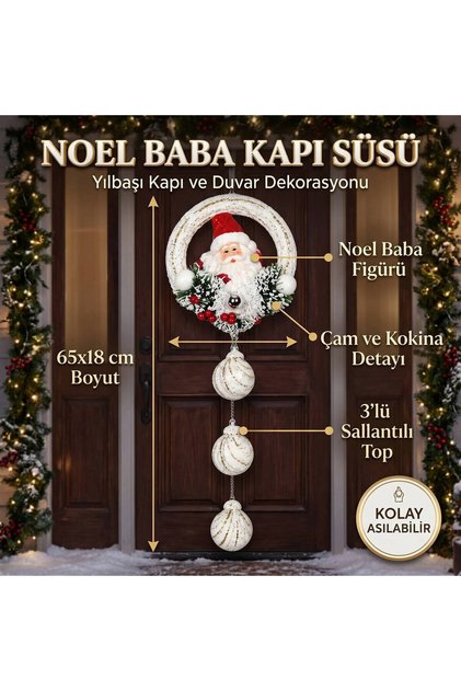 Noel Baba Figürlü Yılbaşı Kapı Süsü 65 cm – Beyaz Gold 3 Top Sallantılı Çam ve Kokina Dekoru