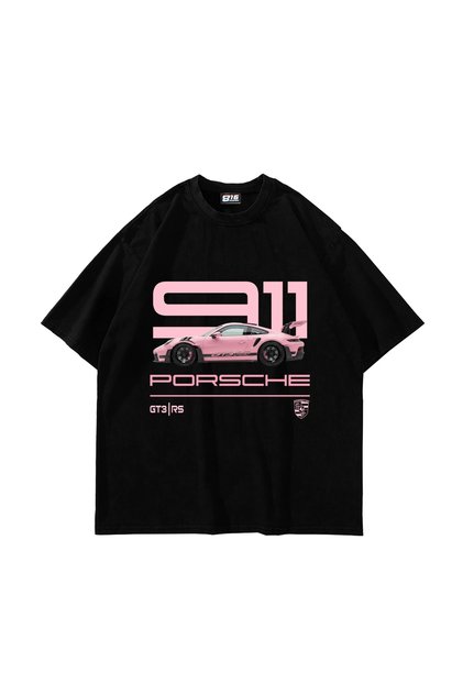 911 Pink Printed Oversized Black T-Shirt
