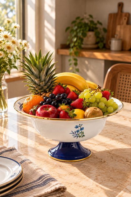Large Sapphire Enameled Fruit Bowl on a Stand