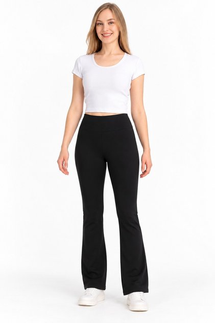 Women's black high-waisted flare-leg trousers
