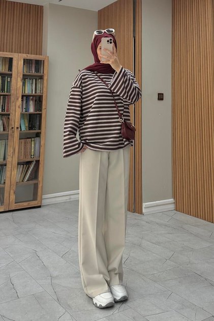 Three-Ply Striped Sweatshirt with Sleeve Detail, Burgundy