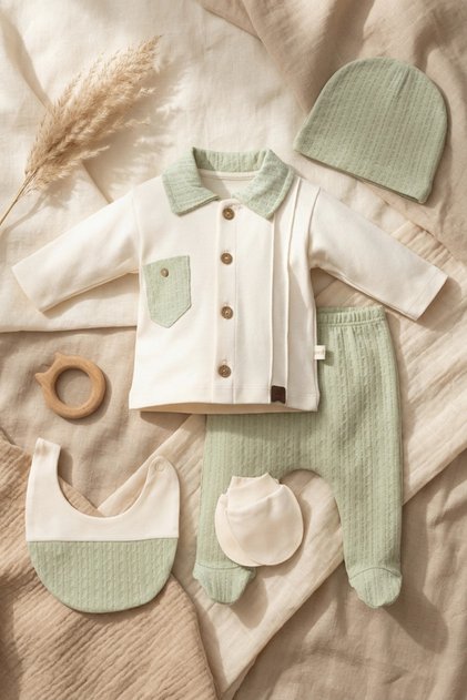 Sage Bloom 5-Piece Cotton Waffle-Textured Baby Set - Mint Green & Ecru Unisex Hospital Outfit