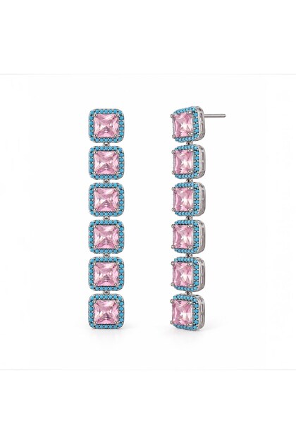 Nesly Custom Design - Sparkling Earrings with Pink Square-Cut Zircon Stones and Turquoise Accents