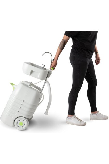Portable Camping Sink with Foot Pump – 45L Water Tank, Built-in Soap Dispenser, Adjustable Height Outdoor Travel Sink with Trolley Wheels 11100200