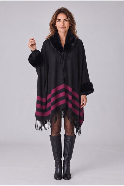 Women's Fur-Trimmed, Tasseled Knit Long Poncho with Buttons, Fur Collar, Winter Cape, Shawl