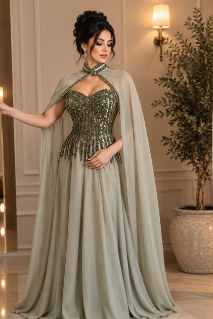 Luxury Beaded Evening Dress with Chiffon Cape