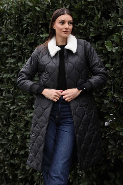 Women's Long Plush Collar Quilted Jacket - 5183