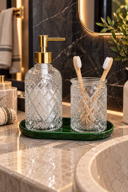 3-Piece || ASEL Bathroom Set: Liquid Soap Dispenser and Toothbrush Holder || CLEAR || GREEN BASE || Decorative Bathroom Accessory, Bathroom Organizer, Home & Hotel, Premium Glass Bathroom Organizer, Glass Home Decor, Luxury Bathroom