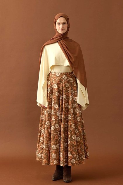 Taba Çiçek Desen Parçalı Etek
