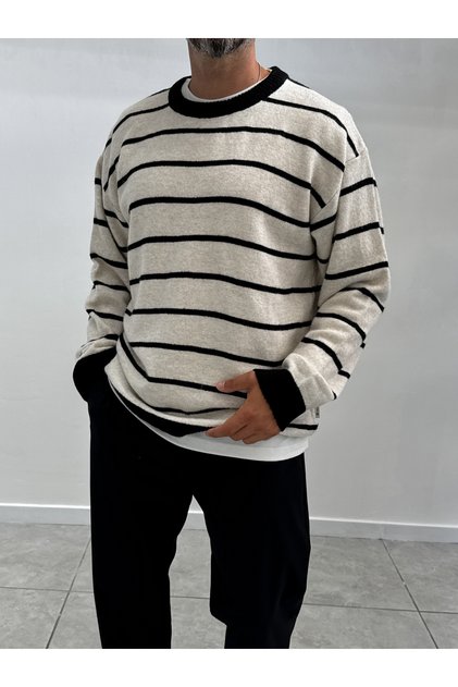 Beige Striped Oversized Sweater with a Badge SW-6003