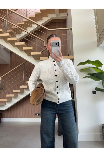 MOCK NECK CARDIGAN, BRAIDED DETAILS, AND BUTTONS