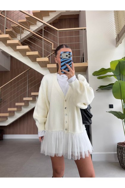 OVERSIZED KNITTED CARDIGAN WITH Tulle Detail