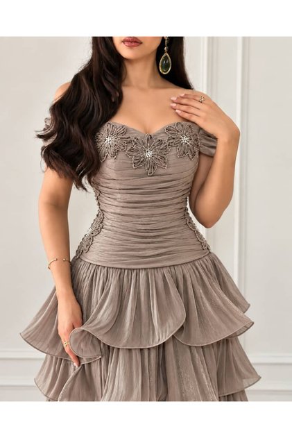 Luxury Tiered Ruffle Beaded Pink Embroidery Chest Midi Evening Dress