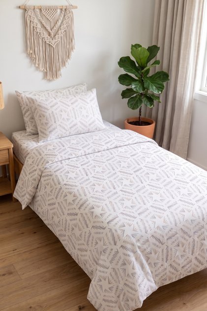 Striped Hexagon-Patterned Single-Size Duvet Cover Set | 100% Cotton | Duvet Cover, Fitted Sheet, and Single Pillowcase | 160x200 cm