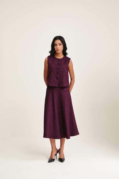 Tweed Flared Midi Skirt Maroon