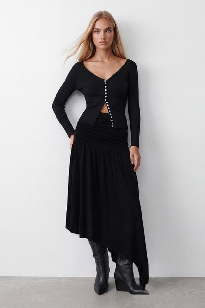 Women's black asymmetrical cut lined knitted midi skirt alc-x16045