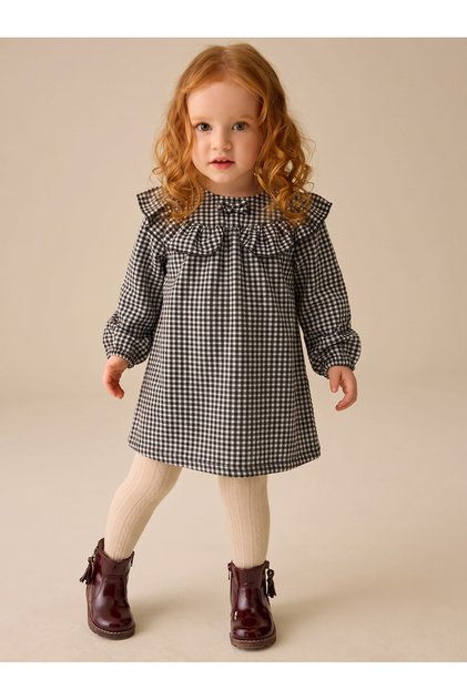 Girls' Cotton-Blend Knit Checked Dress, Black