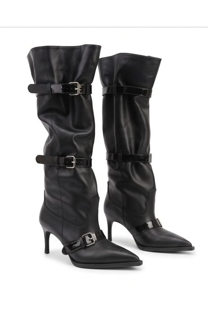 Women's Black Pointed Toe, Stiletto Heel, Belt Detail, Ruched Boots
