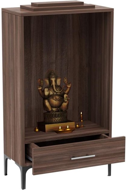 Modern home Wooden Mandir, Temple with Single Drawer for Storage Pooja Essentials Sturdy Steel Legs Ideal for Home, Office, Temple - Truffle Brown Branson Robinia