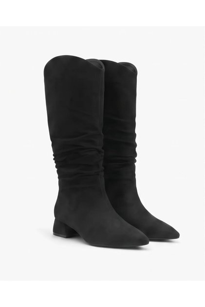 Women's Black Suede Gaiter Boots with Low Block Heels, Ruched, Casual, Comfortable, Long Boots