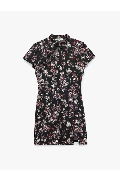 Mandarin Qipao Yaka Düğmeli Slim Fit Kısa Kollu Mini Çiçekli Elbise