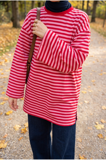 Women's Pink Crew Neck Striped Oversized Modest Sweatshirt Tunic, 75 cm
