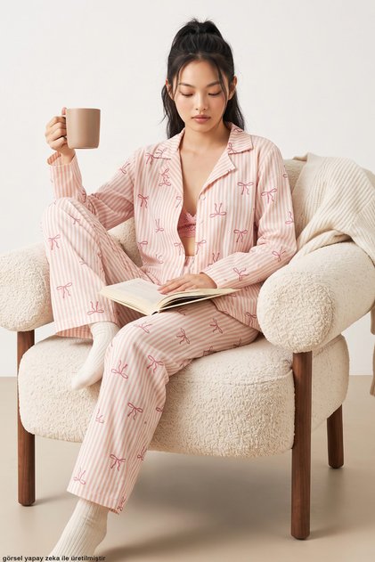 Salmon with Striped Pattern, Soft-Textured, Winter-Weight Knit Button-Down Pajama Set 8088