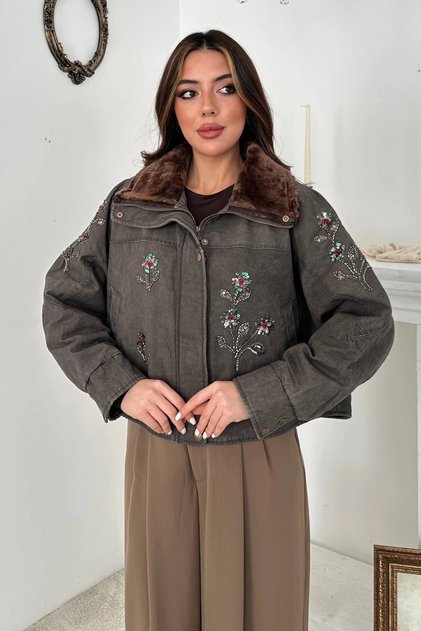 Women's Gray Jacket with Embroidered Details