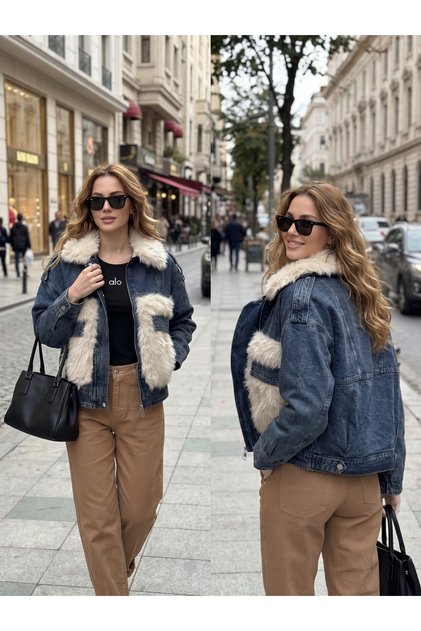 Kadın denim kürklü ceket oversize