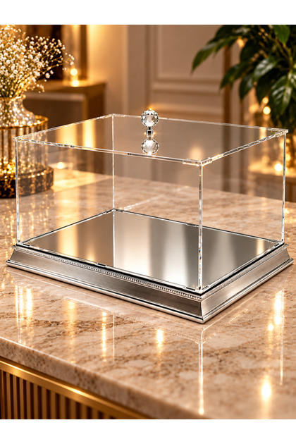 Transparent Plexiglass Dowry Chest, 40x30x24 cm, Silver Color—Engagement, Wedding, Bride and Groom Gift Box, Includes a Prayer Counter and Prayer Beads