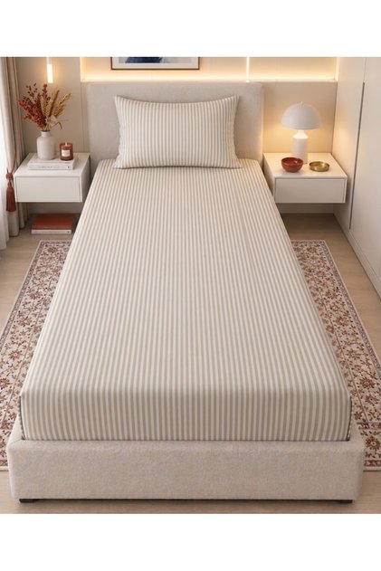 Tekstil Tek Kişilik Çizgili Şık Desenli Ranforce Lastikli Çarşaf Seti 100 x 200 +1 Yastık kılıfı 50x70