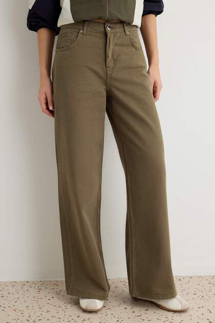 Khaki High Waist Extra Wide Leg Loose Fit 100% Cotton Jeans Twoaw27Je00104