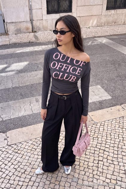 Anthracite Slogan Detailed Fitted Low Sleeve Crop/Short Cotton Knitted Blouse Twoaw27Bz00080