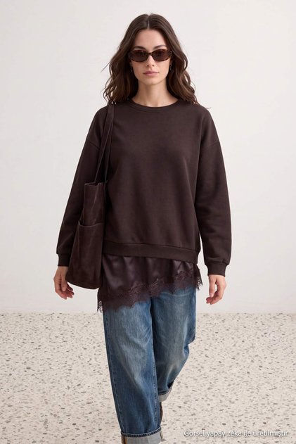 Brown Oversize/Wide Cut Crew Neck Knitted Hijab Sweatshirt Tctaw27Tw00001