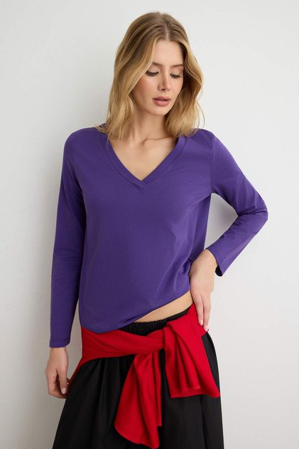 Mor %100 Pamuk Relaxed V Yaka Uzun Kollu Örme T-Shirt TWOAW27TS00102