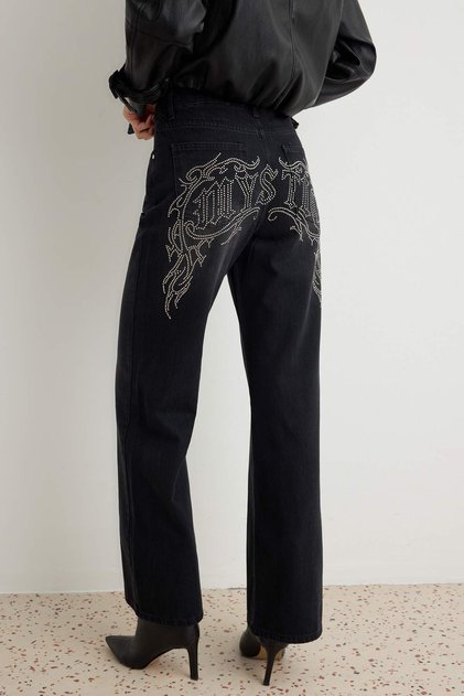 Black High-Waisted Wide-Leg Jeans with Back Pocket Embroidery Detail Twoaw27Je00373