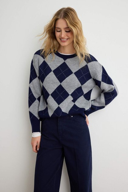 Navy Blue Diamond Patterned Knitwear Sweater Twoaw27Kz00255