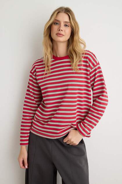 Kırmızı Çizgili Bisiklet Yaka Oversize/Geniş Kalıp Örme Sweatshirt TWOAW27SW00263