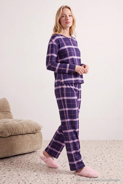 Purple 100% Cotton Plaid / Check Knitted Pajamas Set Thmaw26Pt00046