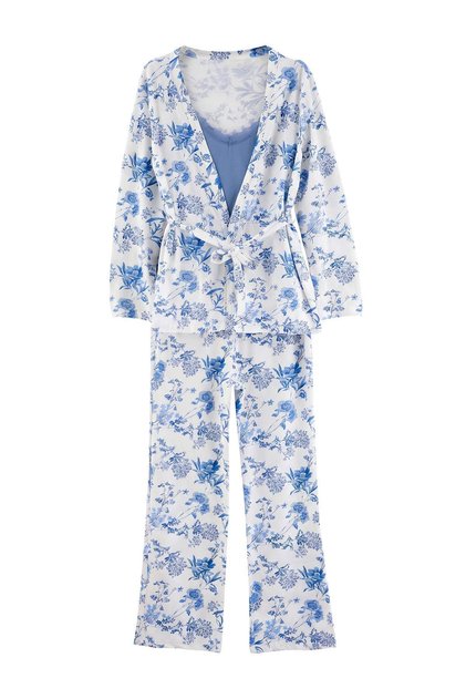 White-Blue 3-Piece Cotton Floral Lycra Soft Touch Knitted Pajamas Set Thmaw27Pt00274