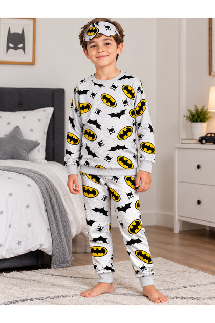 Boy's Cotton Piece Fabric Gray Color Bat Patterned Sleep Band Long Sleeve Transitional Pajama Set