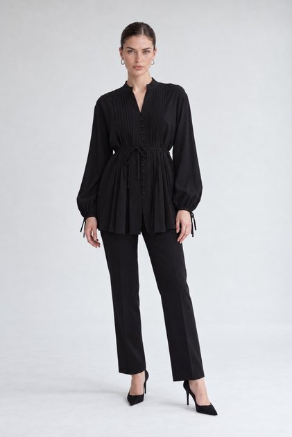 Button Detail Waist Tie Shirt Black