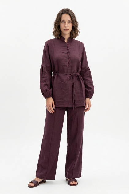 Double Suit with Front Buttons and Belted Waist