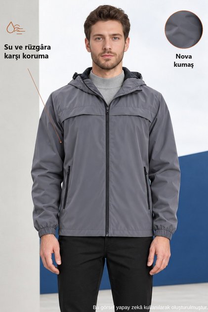 Men's Anthracite Hooded Nova Fabric Lightweight and Durable Stylish Seasonal Water and Windproof Raincoat