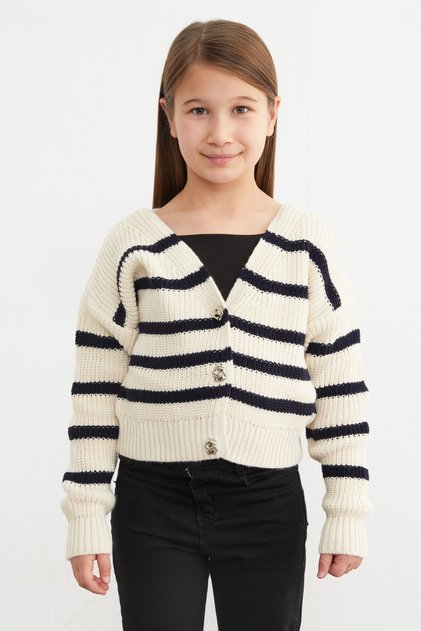 100% Cotton Striped Buttoned Girls' Knit Cardigan
