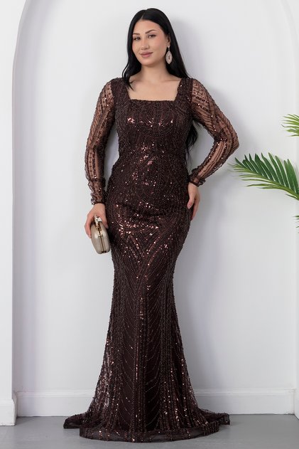 Square Neckline Long Sleeve Beaded Evening Dress 41231