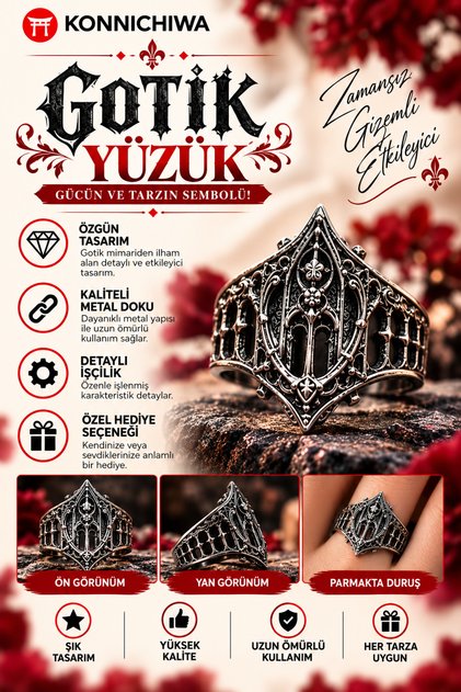 Gothic Architecture Unisex Ring Embossed Metal Design