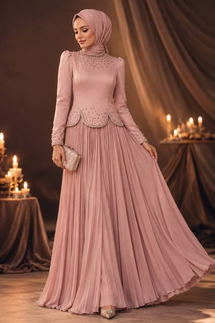 Bead Detailed Powder Hijab Evening Dress 55651Pd