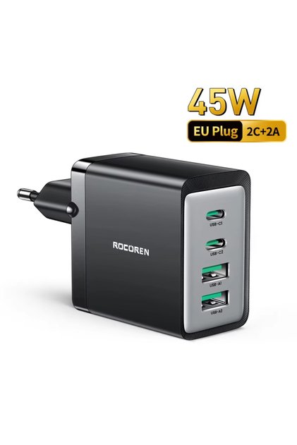 45W EU Plug Rocoren GaN 45W 4 in 1 Multiple Ports Fast Charging USB Type C Portable Quick Charger Fo